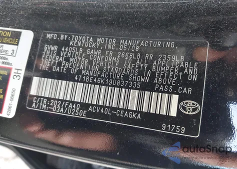 2009 Toyota Camry Xle from USA, damaged, VIN 4T1BE46K19U837335